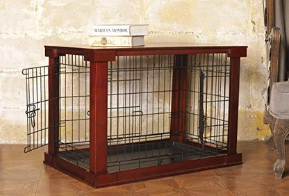Side angle view of the decorative wooden pet crate end table in mahogany color