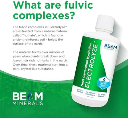 BEAM Minerals Micro-Boost humic mineral blend bottle showing nutritional benefits for gut health.