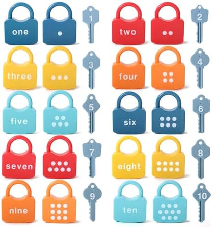 Montessori counting toys with locks and keys displaying numerical digits and corresponding dot patterns.