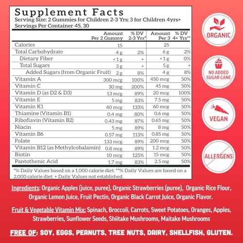 Organic vegan kids multivitamin gummies count details and real fruit ingredients