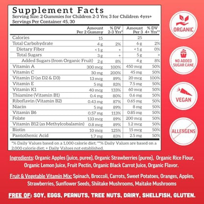 Organic vegan kids multivitamin gummies count details and real fruit ingredients