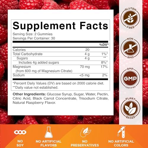 Vitamatic Magnesium 600mg vegan gummies side view displaying the complete nutritional supplement facts