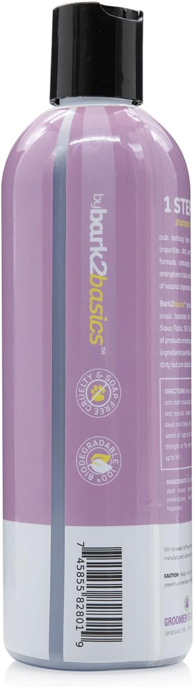 Bark2Basics pet shampoo bottle showing 2-in-1 formula and concentration details
