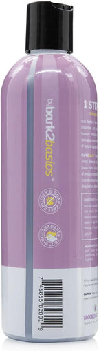 Bark2Basics pet shampoo bottle showing 2-in-1 formula and concentration details