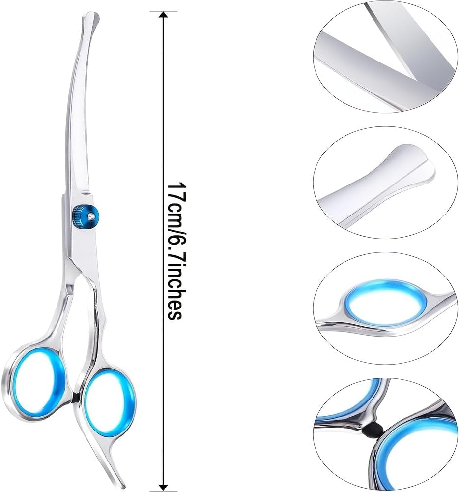Stainless steel dog hair trimmer highlighting the safety round tips for protective grooming.