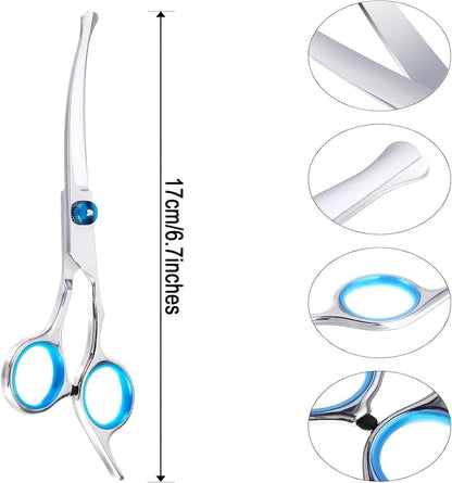 Stainless steel dog hair trimmer highlighting the safety round tips for protective grooming.