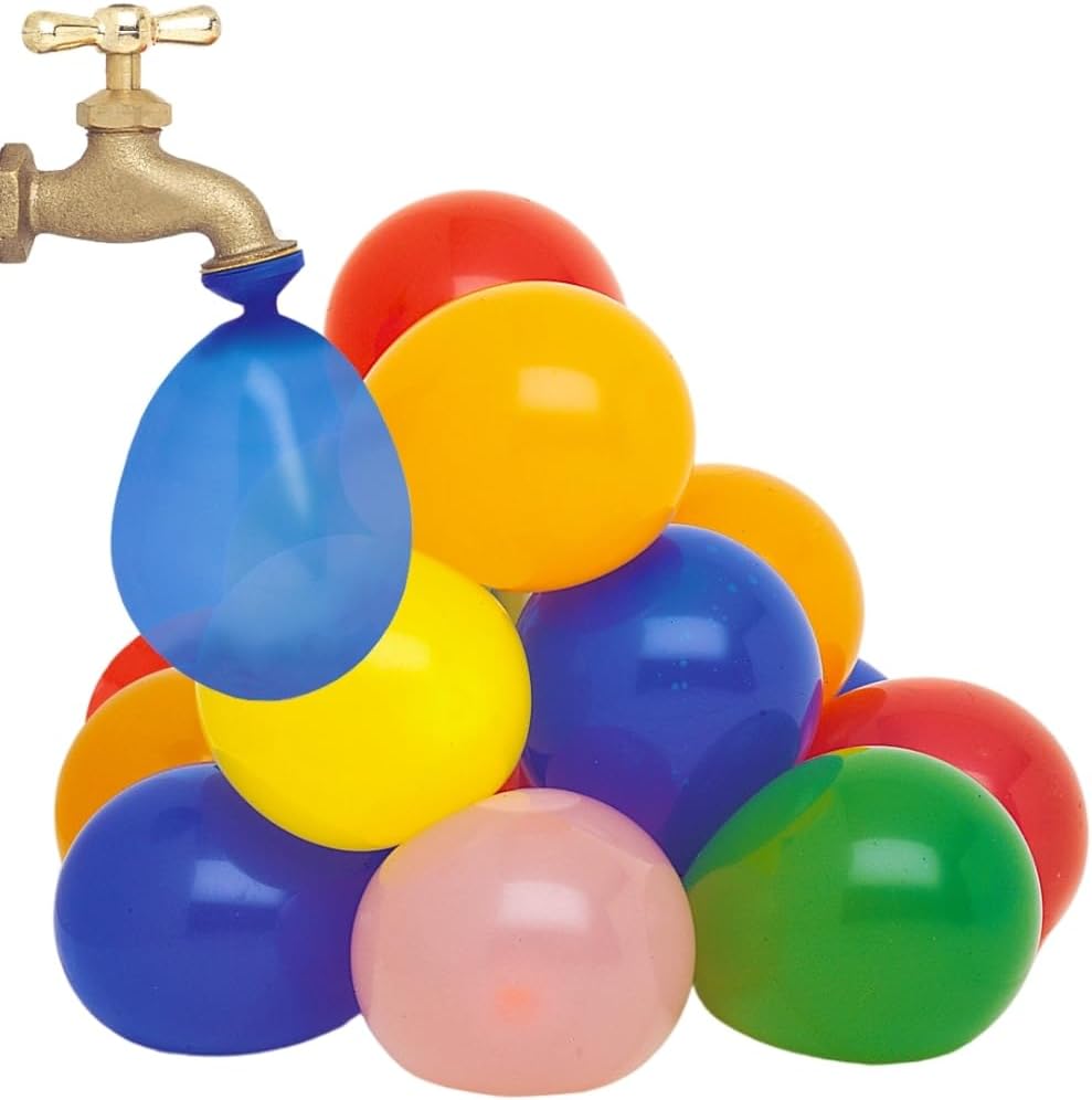 Unique Assorted Water Bomb Balloons 144 Count Pack front view showing colorful latex balloons for summer party games.