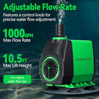 Sysenciaga 1000GPH pond pump highlighting the compact dimensions and suction cups