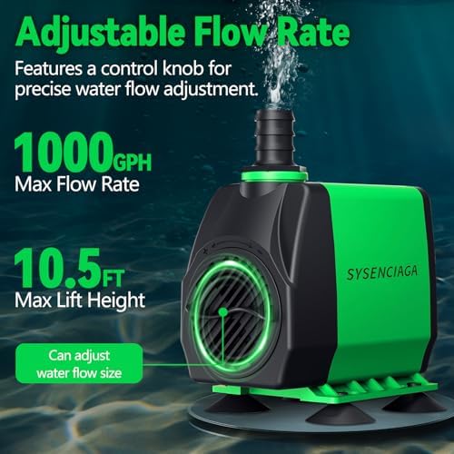 Sysenciaga 1000GPH pond pump highlighting the compact dimensions and suction cups