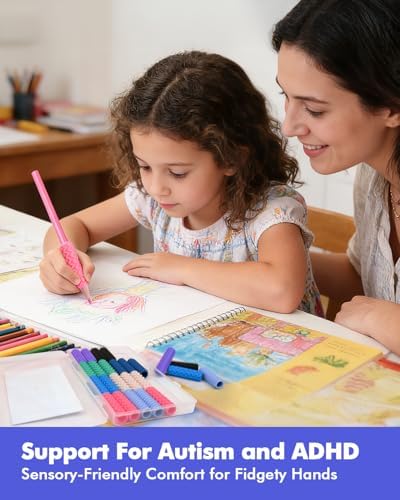 Child using the textured silicone pencil grip during schoolwork for anxiety relief and focus