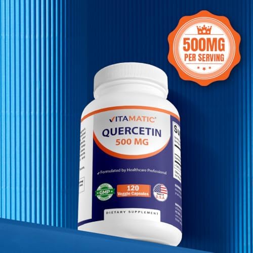 Vitamatic Quercetin 500 mg supplement bottle showing American flag made in USA badge