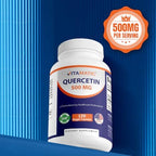 Vitamatic Quercetin 500 mg supplement bottle showing American flag made in USA badge