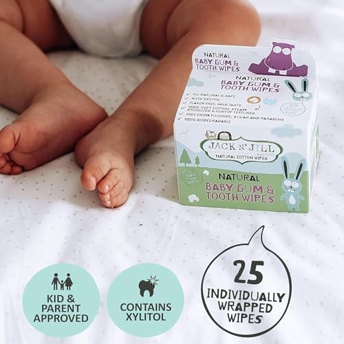 Jack N' Jill natural baby gum wipes packaging displaying fluoride free and sugar free certifications