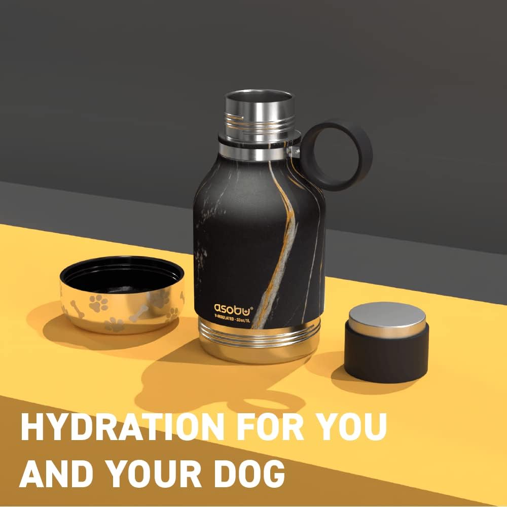 Asobu dog water bottle with removable bowl in Midnight Marble finish