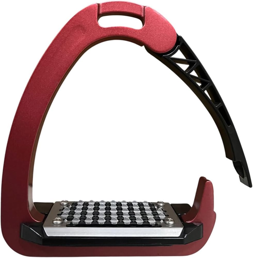 Close up of the red aluminum alloy equestrian stirrup iron imported from the United States.
