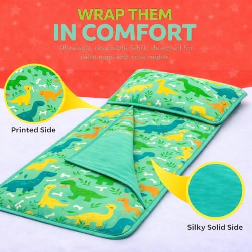 YHROI children sleeping mat dinosaur design highlighting the secure travel closures.