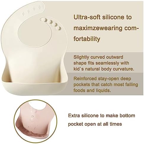 Two pack adjustable silicone toddler bibs showing the multi button neck strap closure.
