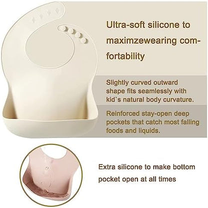 Two pack adjustable silicone toddler bibs showing the multi button neck strap closure.