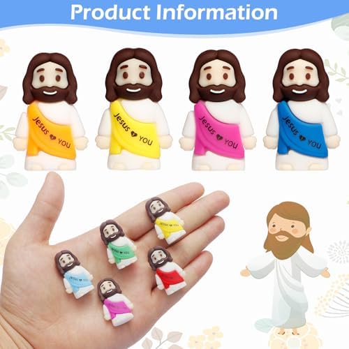 Close up view of the miniature rubber jesus figurines showcasing the molded message details on the sash.
