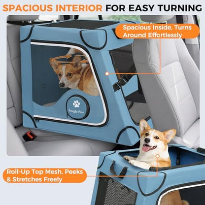 Medium size collapsible dog travel crate folded flat next to its storage bag
