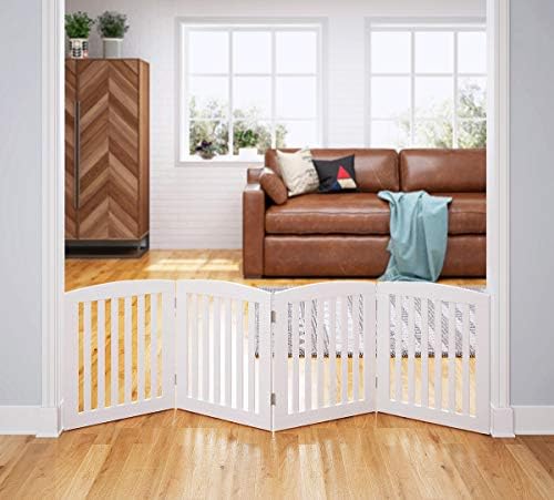 White PAWLAND four panel step over dog fence standing on living room floor