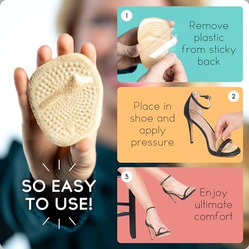 Two pairs of beige ball of foot cushions showing adhesive backing and honeycomb texture.