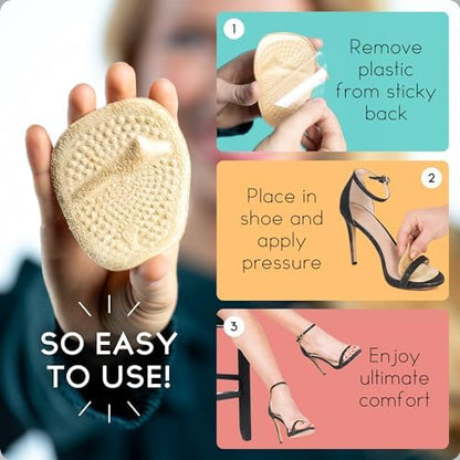 Two pairs of beige ball of foot cushions showing adhesive backing and honeycomb texture.