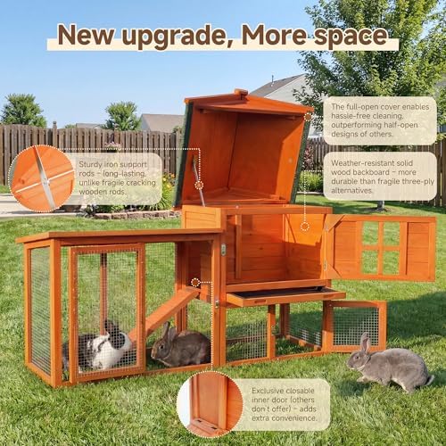 Large Outdoor Indoor Rabbit Hutch Wooden Bunny Rabbit Cage 2-Story with Run No-Leak Pull-Out Tray Waterproof Asphalt Roof Ramp for Guinea Pig Small Animal Wood Pet House Home Orange - Image 6
