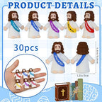 Close up of small colorful Christ pocket toys with religious text details