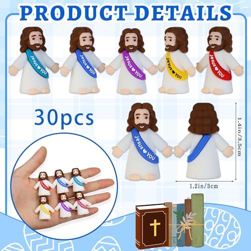 Close up of small colorful Christ pocket toys with religious text details