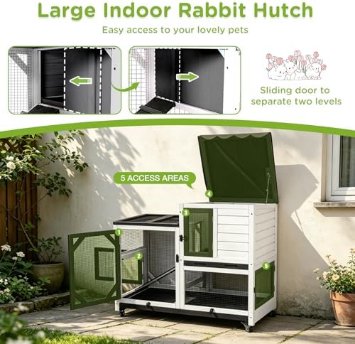 Gutinneen 2-Story Rabbit Hutch Bunny cage with Chew-Proof Ramp, Locking Leak-Proof Trays - Indoor/Outdoor 39.3" Wooden Rabbit Cage with Wheels for Rabbits, Guinea Pigs, Small Animal (Black and White) - Image 7