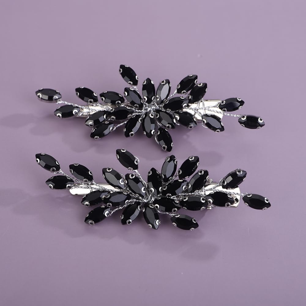 Teyglen Black Rhinestone Bridal Hair Clips front view showing sparkly crystal design