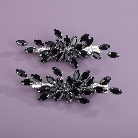Teyglen Black Rhinestone Bridal Hair Clips front view showing sparkly crystal design