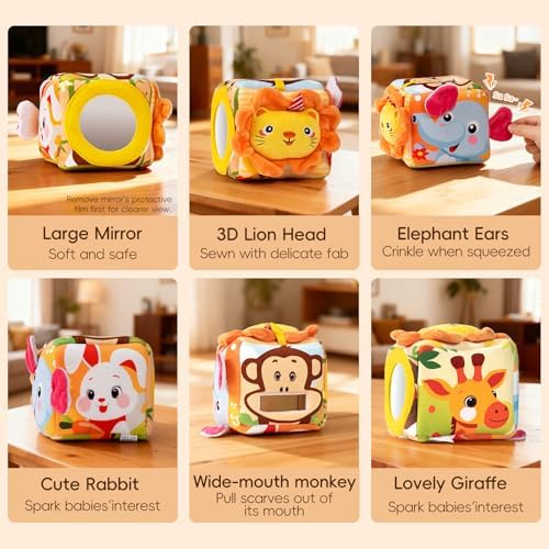 Six high contrast crinkle tissues featuring alphabet and animal prints spread out on a white background