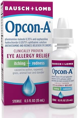 Opcon-A Antihistamine and Redness Reliever Eye Drops 15 mL bottle for seasonal allergy relief
