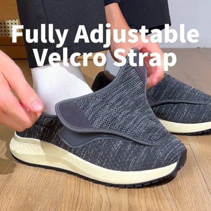 Close up of HOMASS orthopedic shoe breathable mesh material and wide toe box.