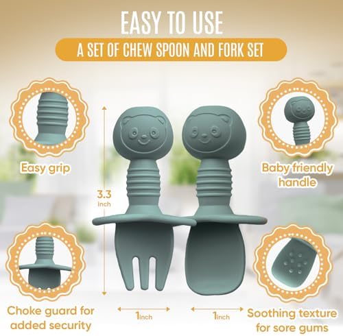 Toddler cutlery set for baby led weaning showing textured handle