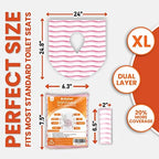 Demonstration of AlfaDeal extra large pink waves shield protecting kid fingers from public toilet seat surfaces