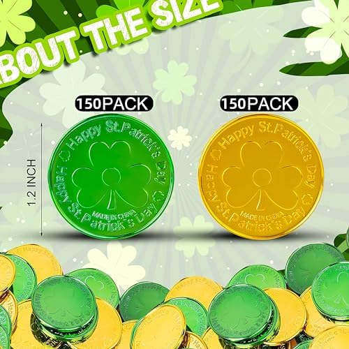 Bulk pack of 300 shamrock theme party favors arranged neatly.