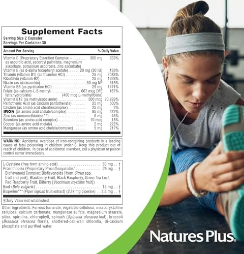 NaturesPlus brand vegan iron capsules for energy and iron deficiency