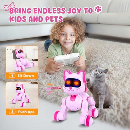 Child playing with Cretargio programmable robot cat