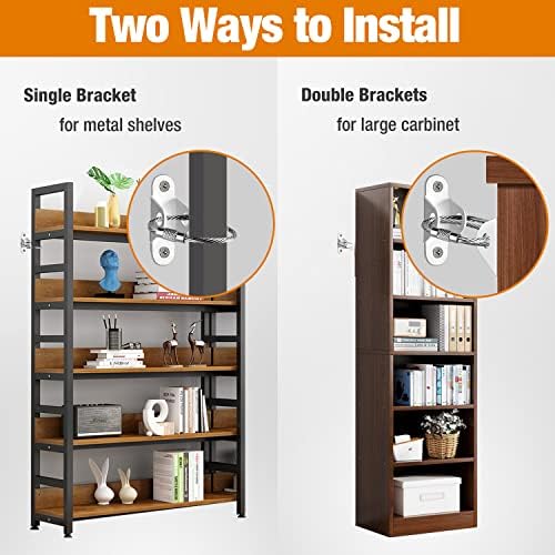 Child safety metal furniture fasteners attached securely to a white wall stud.