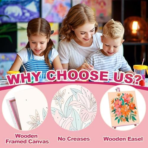 Miniature tabletop wooden easel holding a pre-printed numbered canvas for comfortable children's painting posture.