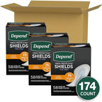 Depend light absorbency male pads showing the cup-shaped design for men.