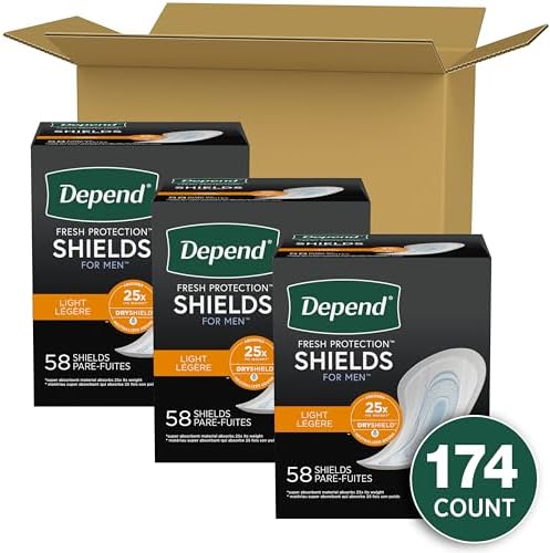 Depend light absorbency male pads showing the cup-shaped design for men.
