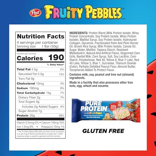Pure Protein Fruity PEBBLES™ Protein Bars – 20g Protein, 3g Sugar, 190 Calories (4 count) Low Sugar* High Protein Snack – Gluten Free - Perfect for a Healthy Snack. - Image 3