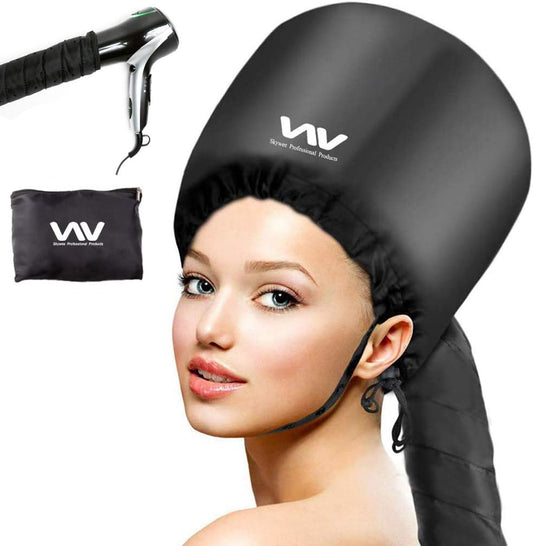 Skywee Professional Products bonnet hood hair dryer attachment set front view showing black soft hooded bonnet and long flexible hose connection