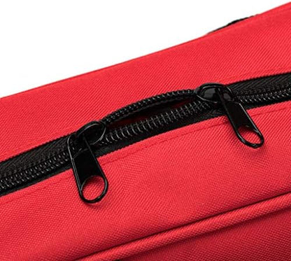 Jipemtra red medical pouch displayed with common first aid supplies to show storage capacity.