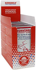 Back packaging of Burnshield sachets showing ingredients and usage instructions for first aid.
