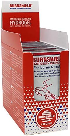 Back packaging of Burnshield sachets showing ingredients and usage instructions for first aid.